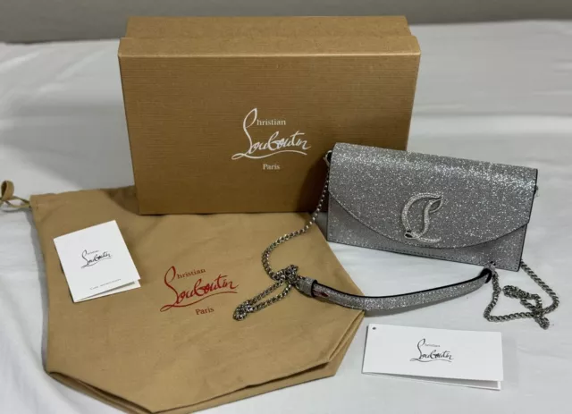 NWT Christian Louboutin Loubi54 Small Glitter Chain Shoulder Bag Silver Strass