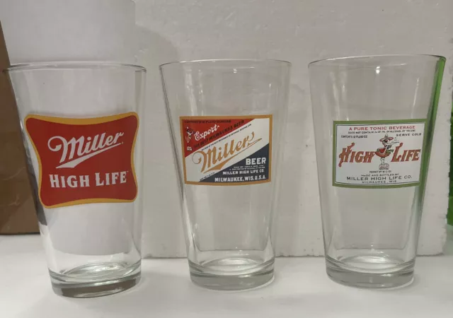 Lot Of 3 Miller High Life Retro Glass Pint 16 oz Beer Pub Glasses BARWARE
