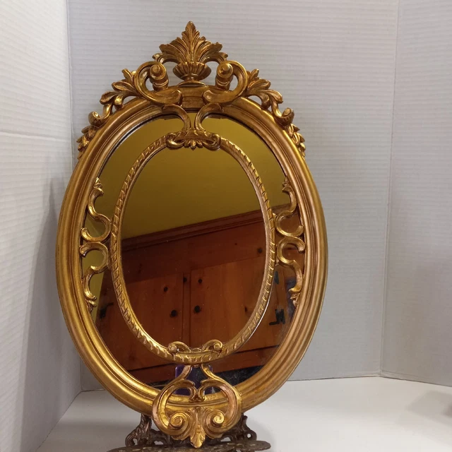 Vintage Italian Oval Wall Mirror Petite Gold Tone Gilt Fleur-de-lis Ornate...