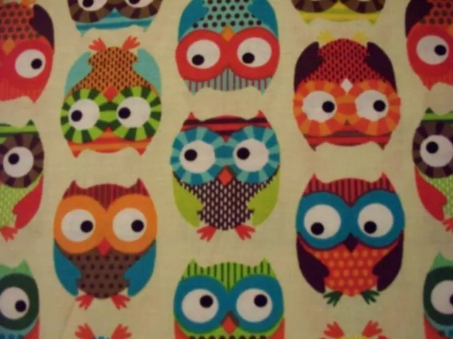 Owls Hoot Multi Colored Owl Cream Cotton Fabric Fq