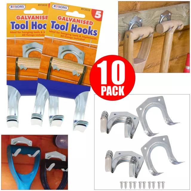 10pk Tool Storage Hooks Galvanized Heavy Duty Hanging Garden Garage c/w Fixings