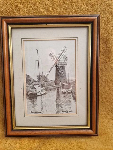Chris Hutchins Druck von Horsey Mill Bleistift Zeichnung Druck signiert & gerahmt