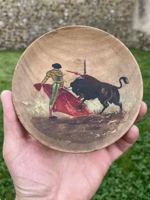 Ancienne Petite Peinture Sur Coupelle Bois Torreador Tauromachie Espagne 1961