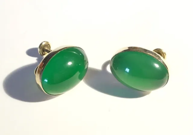 Signed Van Dell Gold Filled Translucent Green Agate Cabochon Screw Back Earrings