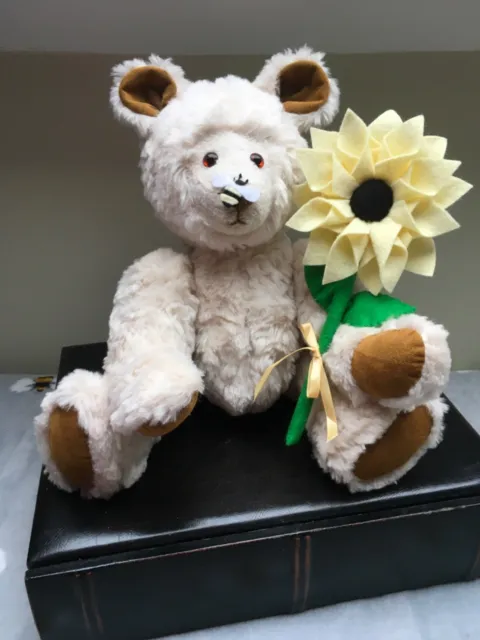 15” OOAK Handmade Teddy Bear with Sunflower & Bee, faux fur, jointed, glass eyes