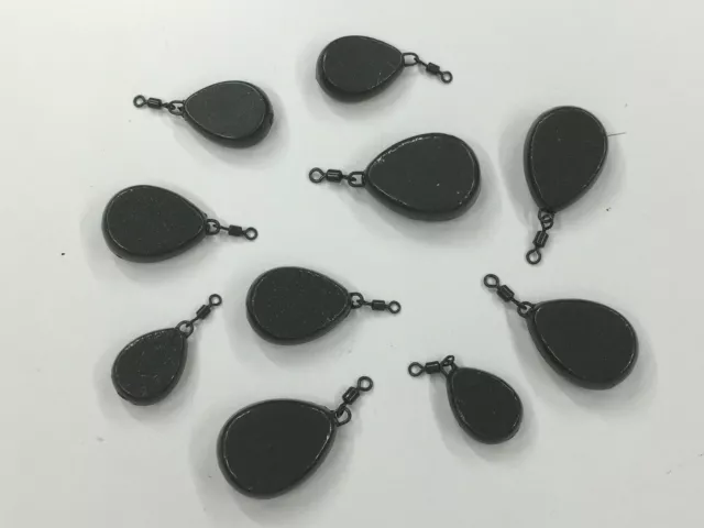 Pack of 10 x TMC Flat Pear Swivel lead weights. Sizes 1.1oz - 3oz + FREE GIFT