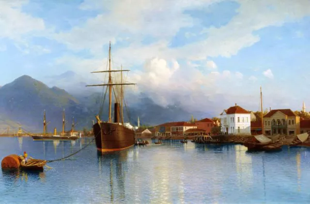 Art Oil painting beautiful landscape with old town ship on the rivers canvas