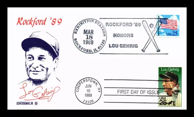 Dr Jim Stamps Us Lou Gehrig Baseball Fdc Rockford 89 Dual Cancel Sealed Cover