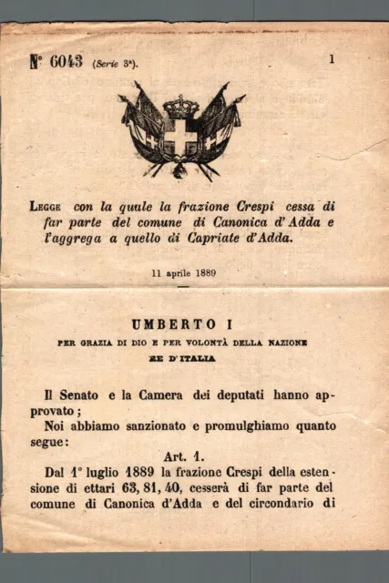 Regio Decreto Bergamo 1889 fraz. Crespi va al Comune di Capriate d'Adda
