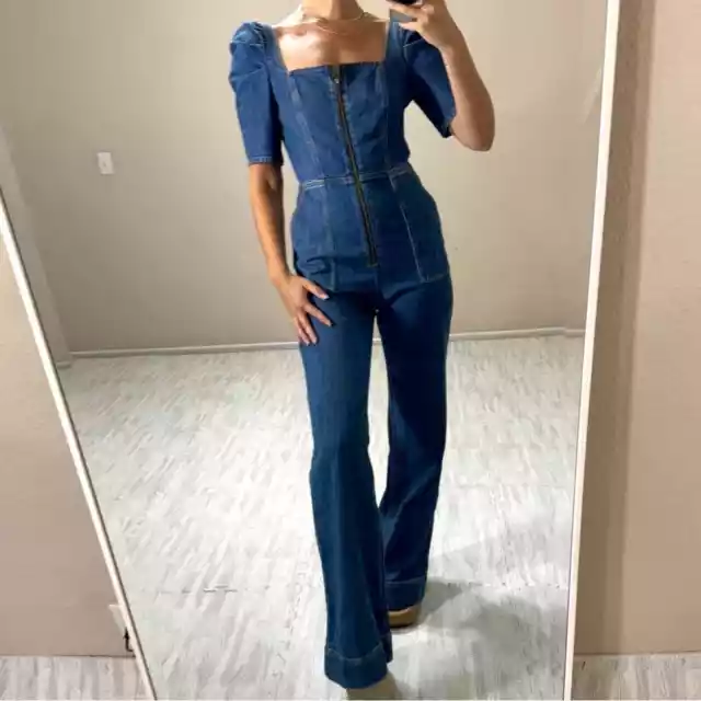 Alice and Olivia Kennedy Puff Sleeve Denim Jumpsuit