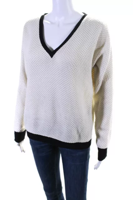 Sanctuary Womens Knit Textured Striped V-Neck Long Sleeve Sweater White Size XS 2