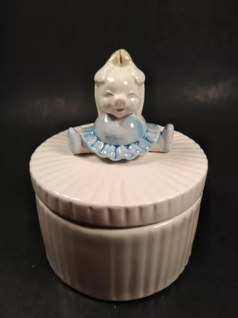 Vintage Fitz And Floyd Pig In Blue Tutu Round Trinket Box