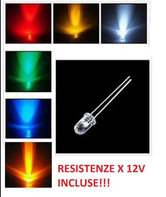 10 LED 5mm Haute Luminosité + Résistances 12V Blanches Bleu Rouge Vert Jaune Wtn