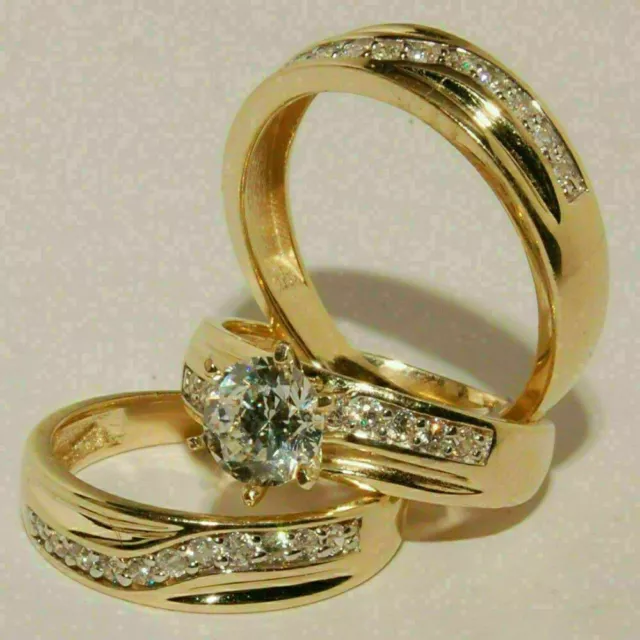 Diamond 14K Yellow Gold Over Trio His And Her Bridal Wedding Engagement Ring Set