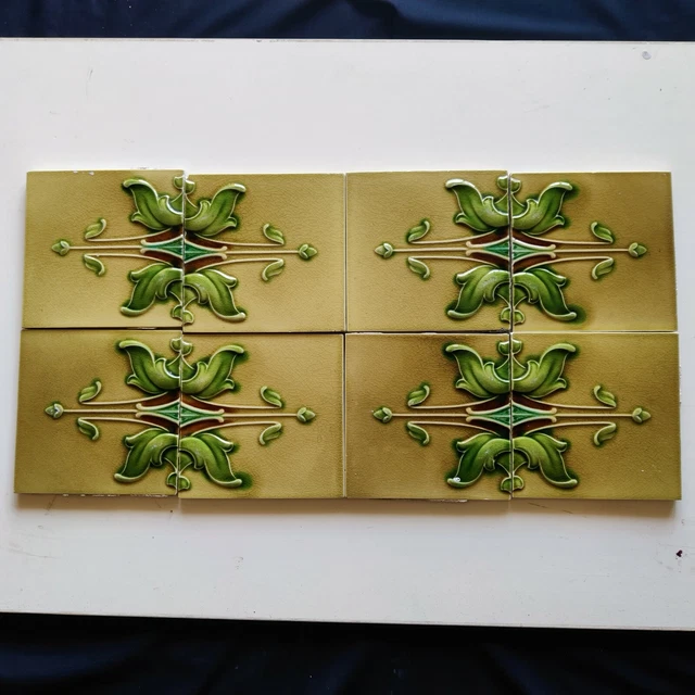 1940s Vintage Embossed Leafy Design Majolica Art 8 Pcs Architecture Tile Japan