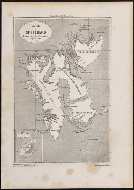 1865 - Carte ancienne du Spitzberg - Gravure ancienne - Norvège - Svalbard