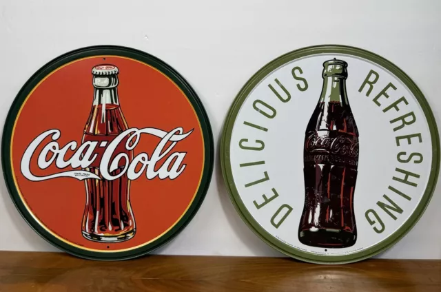 2 Vintage Reproduction Coca Cola Signs Round Tin Metal Soda Pop Bottle Cap Coke