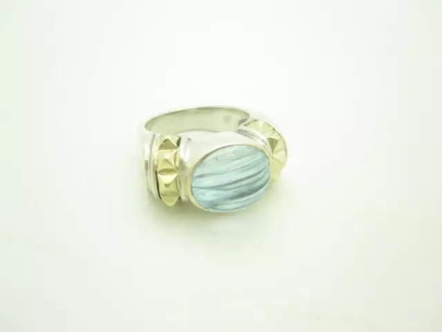 Lagos Sterling Silver & 18k Gold Carved Blue Topaz Caviar Ring Size 6 3/4 - A