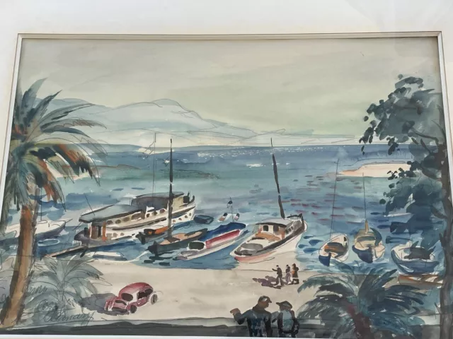 Tableau Auguste Clergé ( 1891-1963)  Sanary sur mer aquarelle et fusain signée