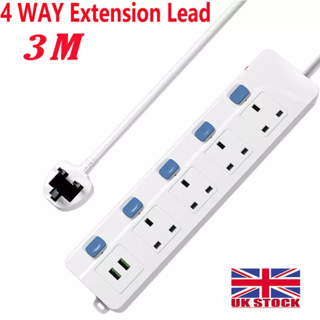 Extension Lead with 2 USB Switch Electric Power Socket 3m Cable 4 Gang Way Plug