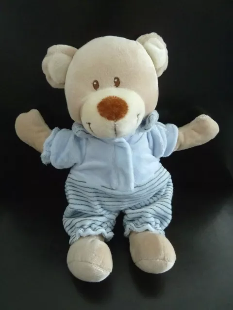 N5. DOUDOU PELUCHE NICOTOY OURS BLEU BEIGE MARRON ECRU PYJAMA RAYE 26cm - NEUF *