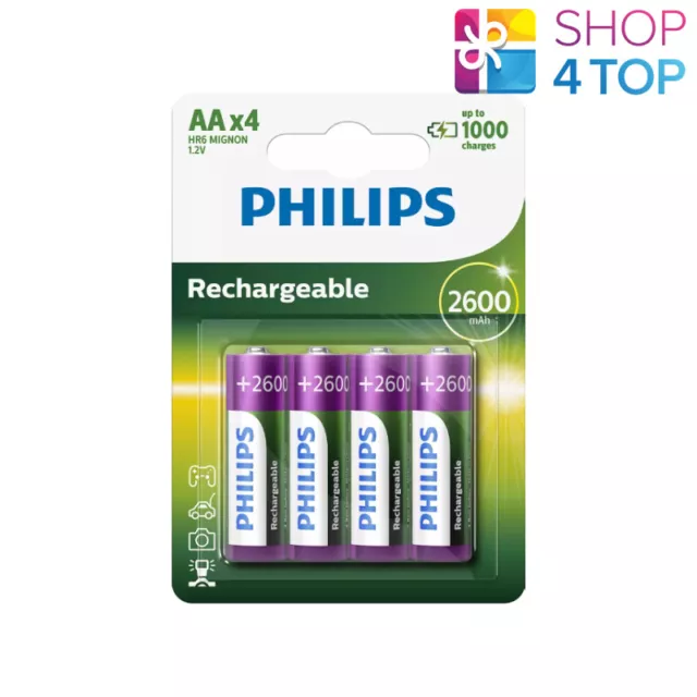 4 PHILIPS RECHARGEABLE AA BATTERIES NiMH HR6 2600 MAH BATTERY 4BL 1.2V NEW