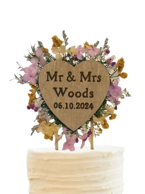 Personalised Mr & Mrs Cake Topper - Colourful Dried Flowers - Customised For You