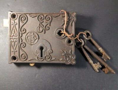 Antique Cast Iron Ornate Monogramed Mortise with 3 Keys Escutcheon Thumb Lock