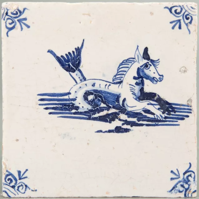 Nice Dutch Delft Blue tile, sea creature, "horse", 17th century.