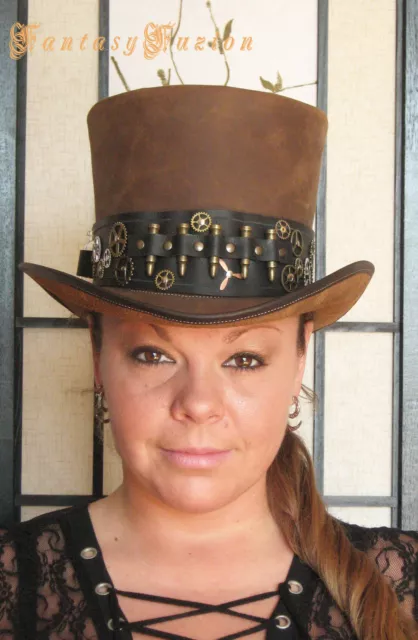 Steampunk Hat Post-Apocalyptic Gears and Bullets Band Leather HIGH Top Hat no.2
