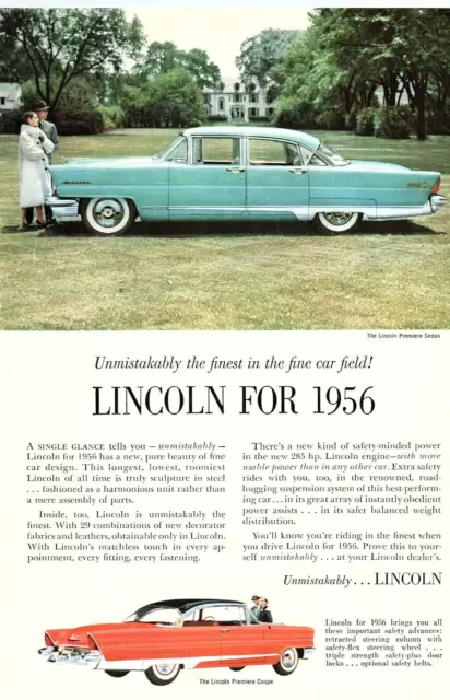 1956 Lincoln Premiere Sedan And Coupe Color Vintage Advertisement Z1130