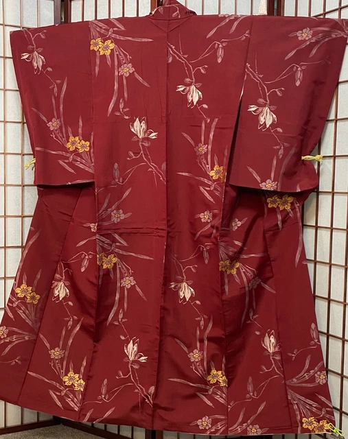 Vintage Burgundy Silk Omeshi Kimono with Daffodils & Magnolias