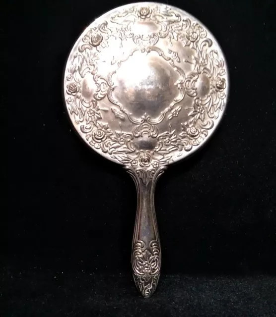 Ge Large Silver Floral Handle Mirror & Back Length 9" L
