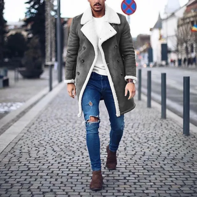 Fashion Mens Fleece Fur Lined Lapel Collar Parka Coat Winter Warm Jacket Outwear