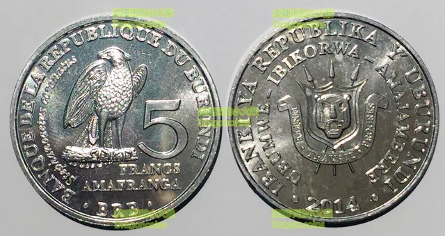 BURUNDI 5 francs 2014 african crowned eagle 26mm Alum coin UNC