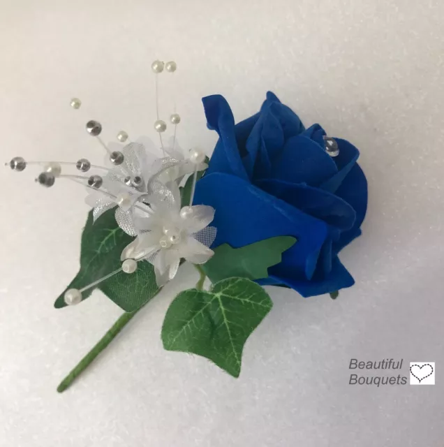 Wedding Flowers Ivory Rose Royal blue bouquet Bride, Bridesmaid Flower-Girl Wand