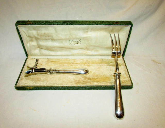 Service à Gigot Ancien 3 Pièces En Métal Argenté Avec Son écrin Chagrin Vert