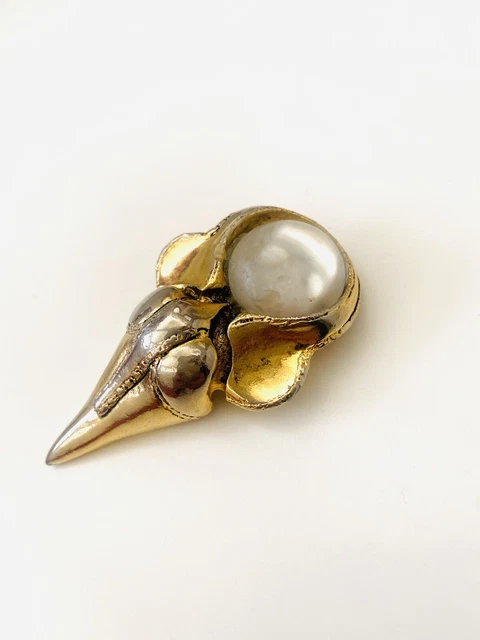 Broche Vintage Orange Cabochon Ambre Ou Calcite - Monture Laiton - État Correct