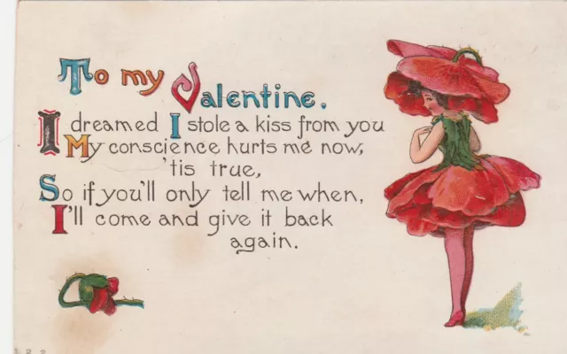 Valentine comic postcard c1910 Girl in flower outfit