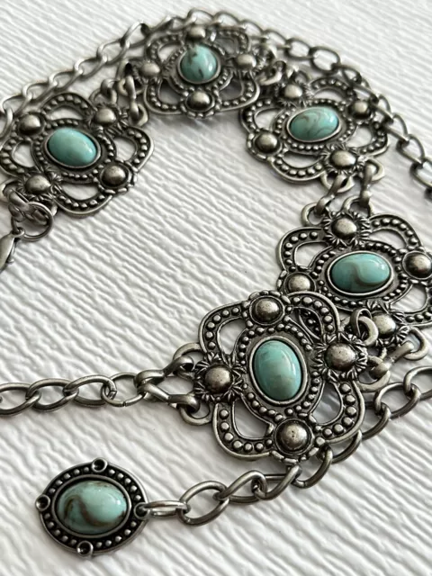 Western Equestrian Antique Silver Tone CONCHO CHAIN BELT Faux Turquoise Ornate