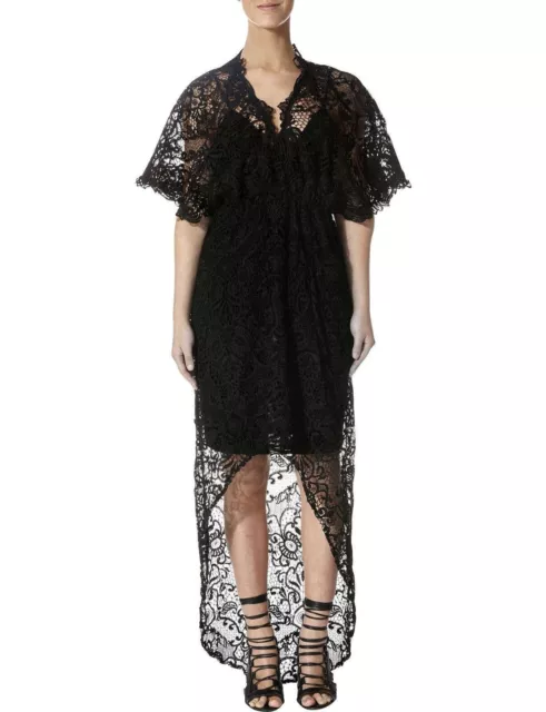 NWT $599 THURLEY black lace elastic-waist hi lo maxi event dress w/slip / sz 8