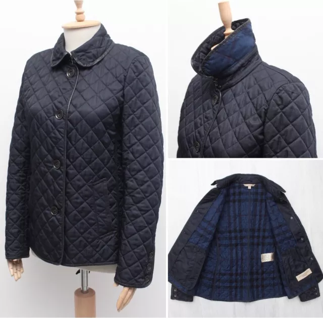 Women's BURBERRY BRIT Quilted Jacket Coat Blazer Nova Check Lined Sz M S-M Navy