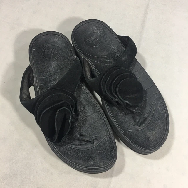 FITFLOP Womens Shoes YOKO Ruffled Floral Black Leather Wedge Sandals Size US 6