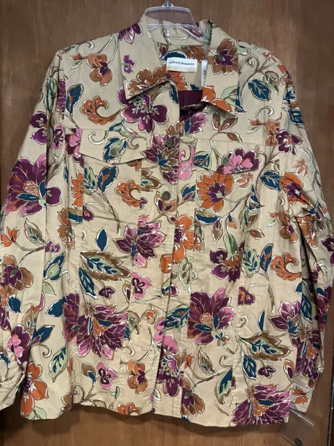 Alfred Dunner Womens Long Sleeve Collared Floral Tan Jacket Coat NWOT Size 16W