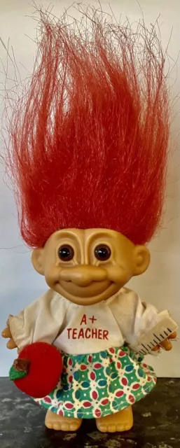 Russ Troll Doll A+ Teacher, Orange Hair, Ruler Apple Outfit Vintage 1980s