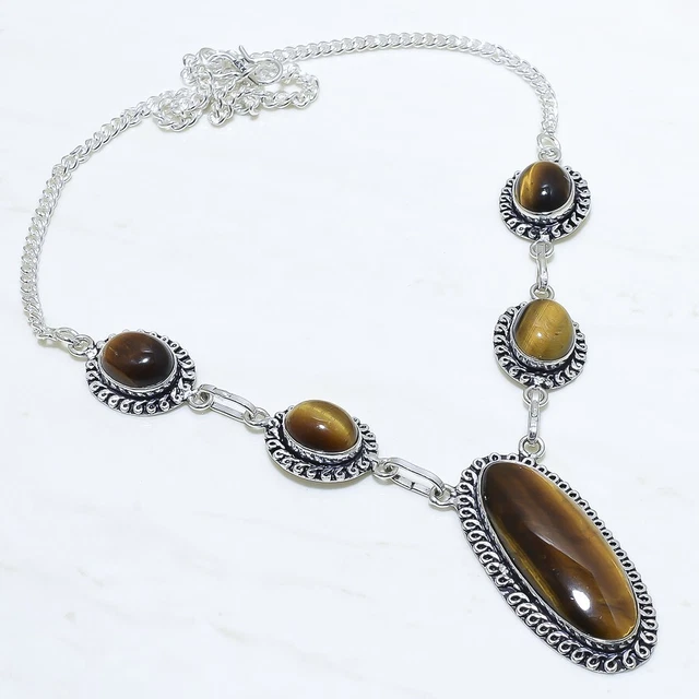 Tiger'S Eye Gemstone Handmade Ethnic Silver Jewelry Necklace 18" NLG13616