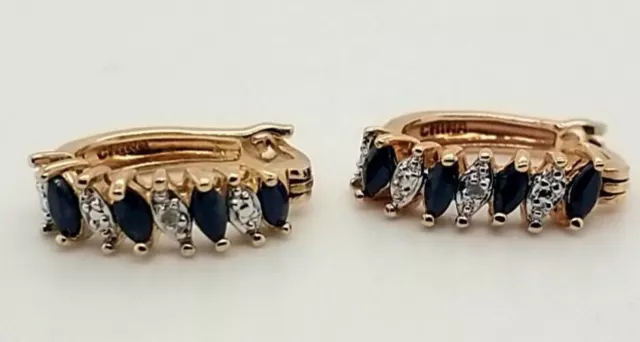 925 Sterling Silver Gold Vermeil Sapphires & Diamond Accents Earrings 4.3 Grams