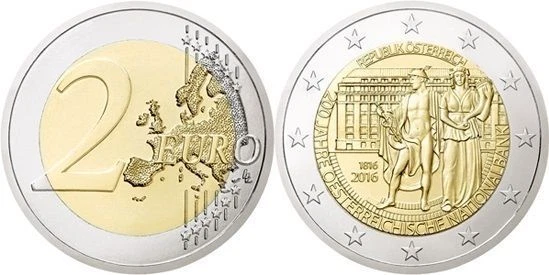 Austria 2 Euro Coin 2016 200 Years Of National Bank Bimetal Unc