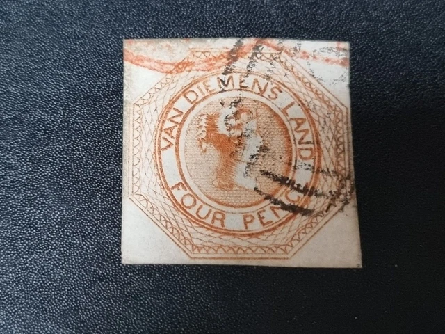 Timbre Tasmanie 1853 – 4d Rouge Vif Orange – SG5 – État Neuf – Rare