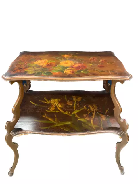 Antico tavolino. Carrello FRANCESE  a due piani Art Nouveau dipinti con fiori